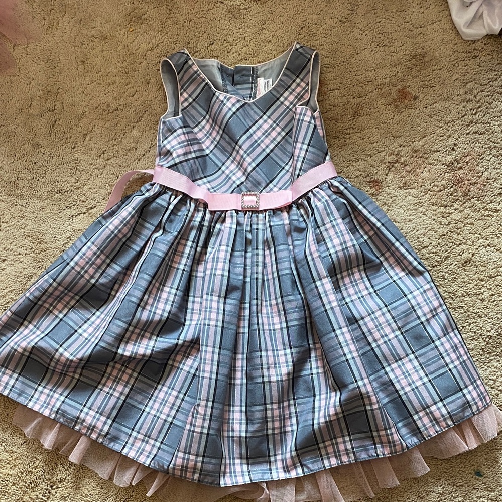 Youngland Blue Plaid Dress with Pink Belt